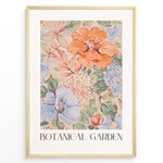 Indlæs billede til gallerivisning Botanical Garden poster with hand-painted floral design in pastel orange, blue, and green tones.
