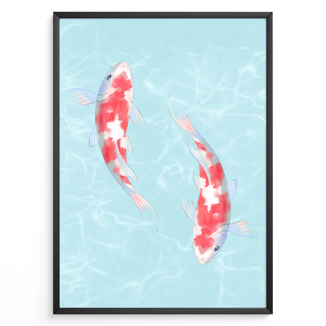 Illustration of two red and white koi fish swimming in light blue water with soft ripples, framed in a black border.