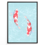 Indlæs billede til gallerivisning Illustration of two red and white koi fish swimming in light blue water with soft ripples, framed in a black border.
