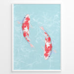 Indlæs billede til gallerivisning Illustration of two red and white koi fish swimming in light blue water with soft ripples, framed in a black border.
