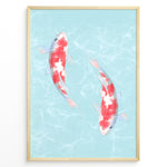 Indlæs billede til gallerivisning Illustration of two red and white koi fish swimming in light blue water with soft ripples, framed in a black border.
