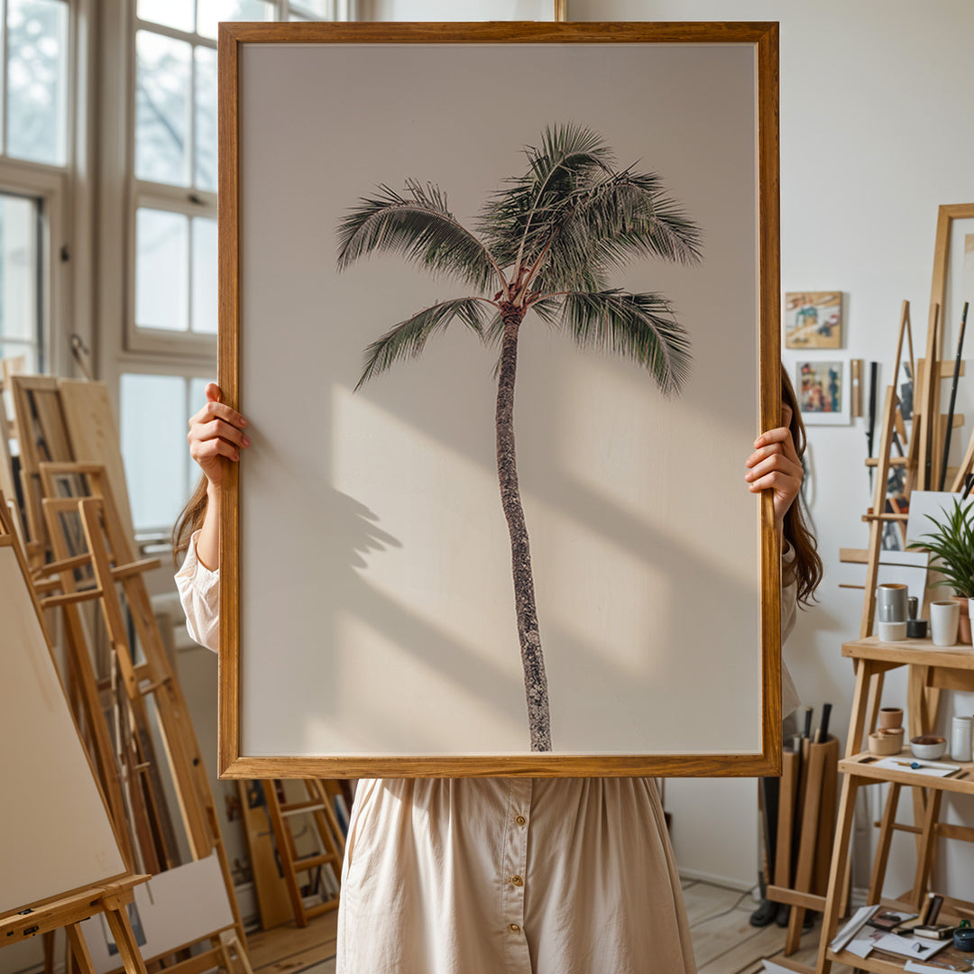 Plakat med palmetræ | Sommer og Strand Plakater | Denne plakat viser et højt palmetræ med en krone af grønne blade mod en klar, lys himmel. Perfekt til dem, der elsker tropiske vibes.