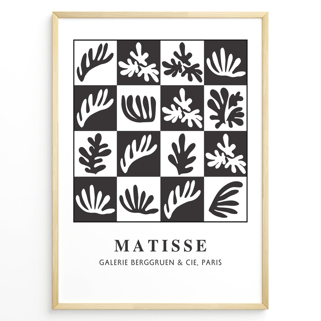 Graphic Foliage Plakat | Matisse Poster | Abstrakt bladmotiv i sort-hvid gitterdesign