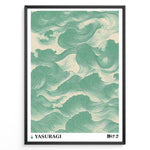 Indlæs billede til gallerivisning Japanese wave-pattern poster with flowing green lines on a beige background, titled “Yasuragi,” framed in a black border.
