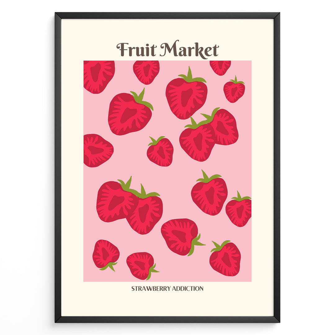 Fruit Market poster with red strawberry illustrations on a pink background in a black frame.