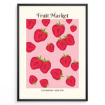 Indlæs billede til gallerivisning Fruit Market poster with red strawberry illustrations on a pink background in a black frame.
