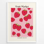 Indlæs billede til gallerivisning Fruit Market poster with red strawberry illustrations on a pink background in a white frame.
