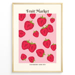 Indlæs billede til gallerivisning Fruit Market poster with red strawberry illustrations on a pink background in a golden frame.
