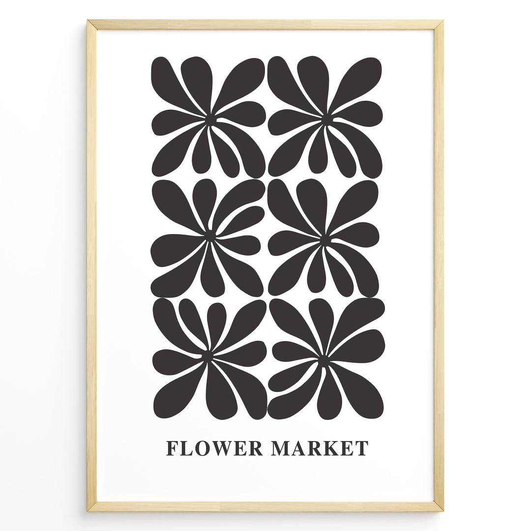 Minimal Bloom Plakat | Flower Market Poster | Sort-hvid blomstermønster med stiliserede former