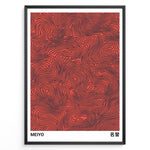 Indlæs billede til gallerivisning Abstract Japanese poster with black flowing line patterns on a red background, labeled “Meiyo,” framed in a black border.
