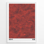 Indlæs billede til gallerivisning Abstract Japanese poster with black flowing line patterns on a red background, labeled “Meiyo,” framed in a black border.
