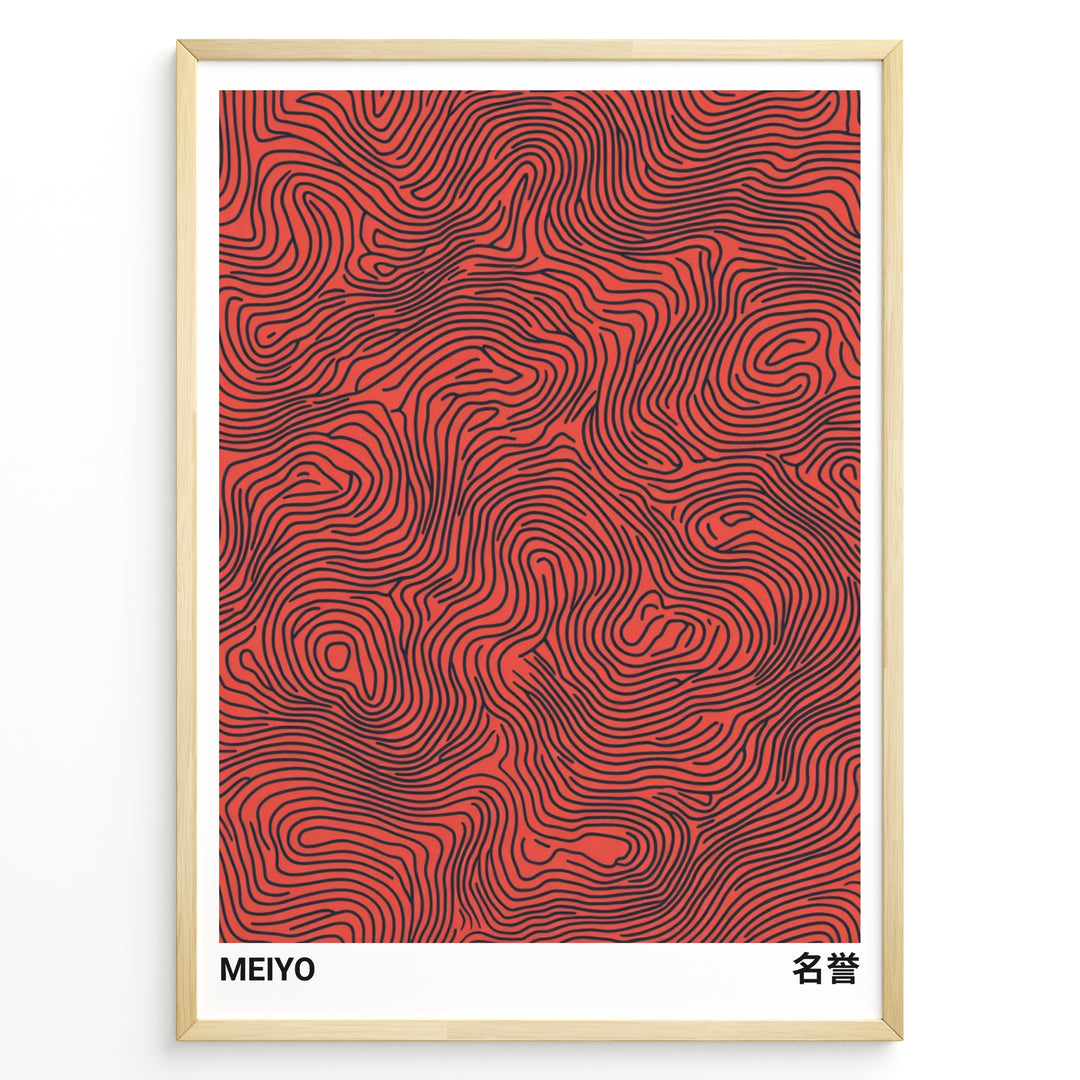 Abstract Japanese poster with black flowing line patterns on a red background, labeled “Meiyo,” framed in a black border.