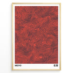 Indlæs billede til gallerivisning Abstract Japanese poster with black flowing line patterns on a red background, labeled “Meiyo,” framed in a black border.

