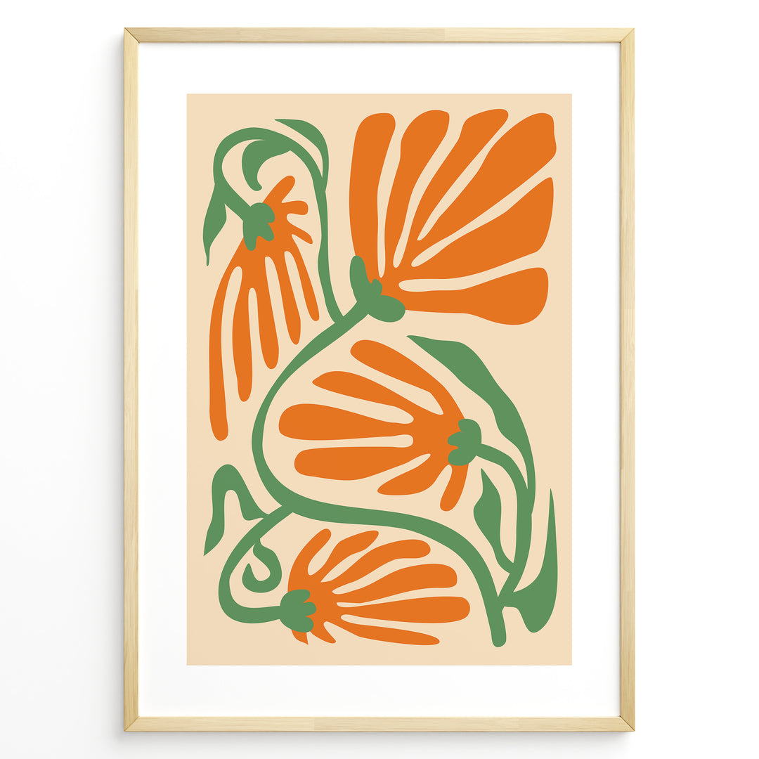 Orange Bloom Plakat | Matisse Poster | Abstrakte orange blomster med grønne stilke på beige baggrund