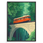 Indlæs billede til gallerivisning Vintage-style poster of a red tram crossing a decorative stone bridge in a dense green forest, framed in a black border.
