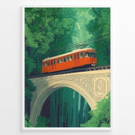 Indlæs billede til gallerivisning Vintage-style poster of a red tram crossing a decorative stone bridge in a dense green forest, framed in a black border.
