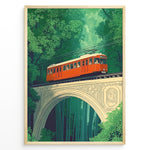 Indlæs billede til gallerivisning Vintage-style poster of a red tram crossing a decorative stone bridge in a dense green forest, framed in a black border.
