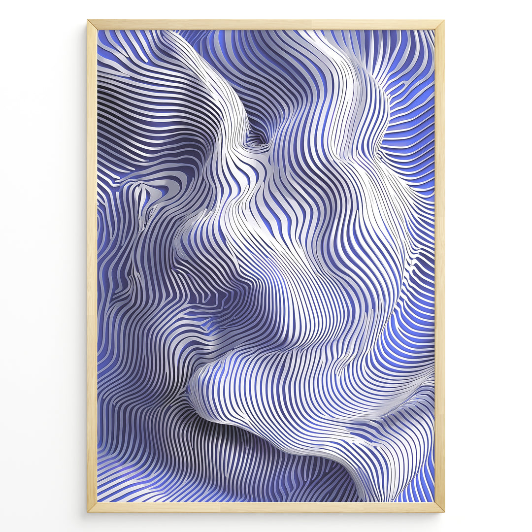 Abstract poster featuring flowing blue and white contour lines forming a wave-like 3D motion effect, framed in a black border.