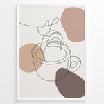 Indlæs billede til gallerivisning Abstract line art poster of a hand pouring coffee into a cup with beige and brown shapes.
