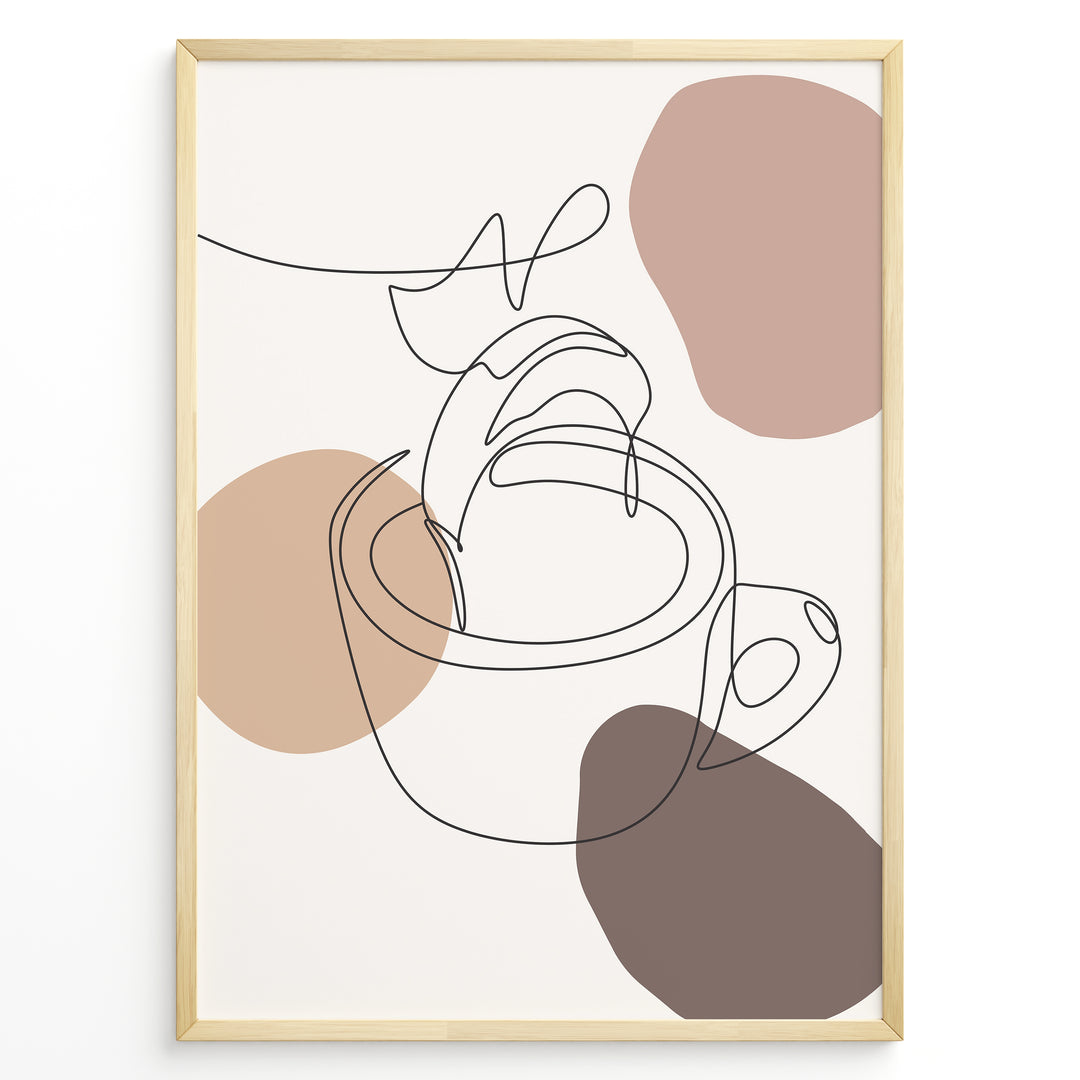 Abstract line art poster of a hand pouring coffee into a cup with beige and brown shapes.