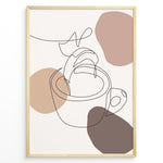 Indlæs billede til gallerivisning Abstract line art poster of a hand pouring coffee into a cup with beige and brown shapes.
