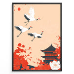 Indlæs billede til gallerivisning Japanese-style poster with three flying cranes, red floral elements, and a traditional temple against a soft peach background, framed in black.
