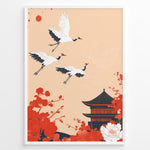 Indlæs billede til gallerivisning Japanese-style poster with three flying cranes, red floral elements, and a traditional temple against a soft peach background, framed in black.
