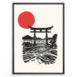 Indlæs billede til gallerivisning Minimal Japanese poster with a torii gate over ocean waves and a large red sun, in black and red on a cream background, framed in black.
