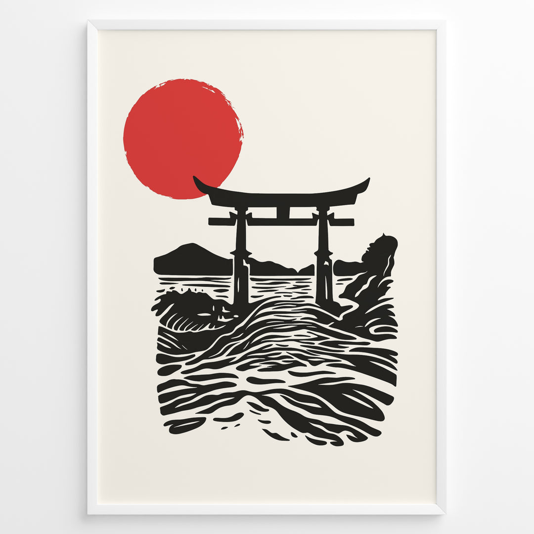 Minimal Japanese poster with a torii gate over ocean waves and a large red sun, in black and red on a cream background, framed in black.