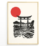 Indlæs billede til gallerivisning Minimal Japanese poster with a torii gate over ocean waves and a large red sun, in black and red on a cream background, framed in black.
