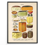 Indlæs billede til gallerivisning Vintage cheese chart poster displaying different types of cheeses with names and illustrations in a black frame.
