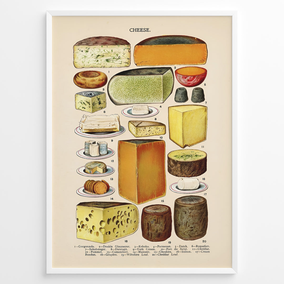 Vintage cheese chart poster displaying different types of cheeses with names and illustrations in a white frame.