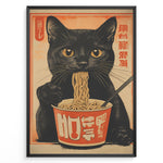 Indlæs billede til gallerivisning Vintage Japanese poster of a black cat eating ramen noodles from a cup, with warm orange and beige tones and stylized text, framed in black.
