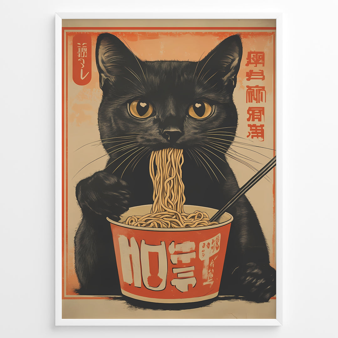 Vintage Japanese poster of a black cat eating ramen noodles from a cup, with warm orange and beige tones and stylized text, framed in black.