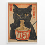 Indlæs billede til gallerivisning Vintage Japanese poster of a black cat eating ramen noodles from a cup, with warm orange and beige tones and stylized text, framed in black.
