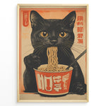 Indlæs billede til gallerivisning Vintage Japanese poster of a black cat eating ramen noodles from a cup, with warm orange and beige tones and stylized text, framed in black.
