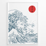 Indlæs billede til gallerivisning Minimal Japanese wave illustration with bold blue line art, a large wave, Mount Fuji, and a red sun with Japanese text, framed in black.
