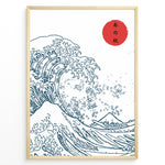 Indlæs billede til gallerivisning Minimal Japanese wave illustration with bold blue line art, a large wave, Mount Fuji, and a red sun with Japanese text, framed in black.
