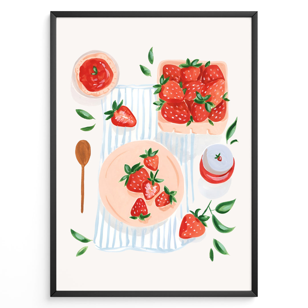 Strawberry-themed kitchen poster with hand-painted strawberries, jam jar, and wooden spoon on a striped cloth background.