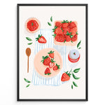 Indlæs billede til gallerivisning Strawberry-themed kitchen poster with hand-painted strawberries, jam jar, and wooden spoon on a striped cloth background.
