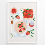 Indlæs billede til gallerivisning Strawberry-themed kitchen poster with hand-painted strawberries, jam jar, and wooden spoon on a striped cloth background.
