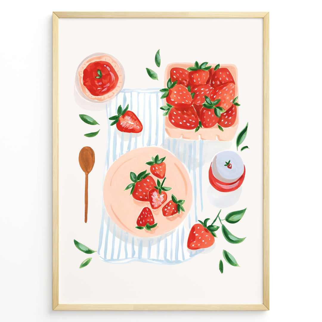Strawberry-themed kitchen poster with hand-painted strawberries, jam jar, and wooden spoon on a striped cloth background.