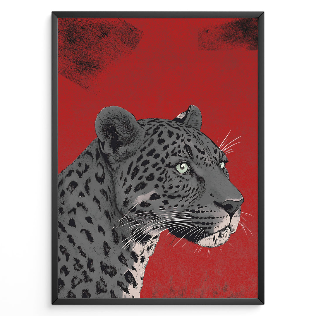 Illustrated leopard portrait with detailed spots and green eyes on a textured red background, framed in black.