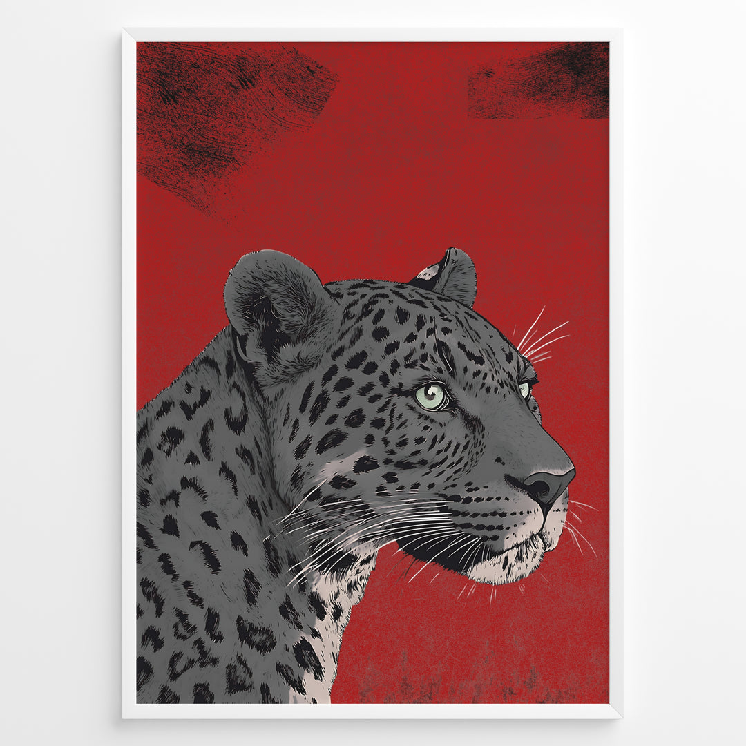 Illustrated leopard portrait with detailed spots and green eyes on a textured red background, framed in black.