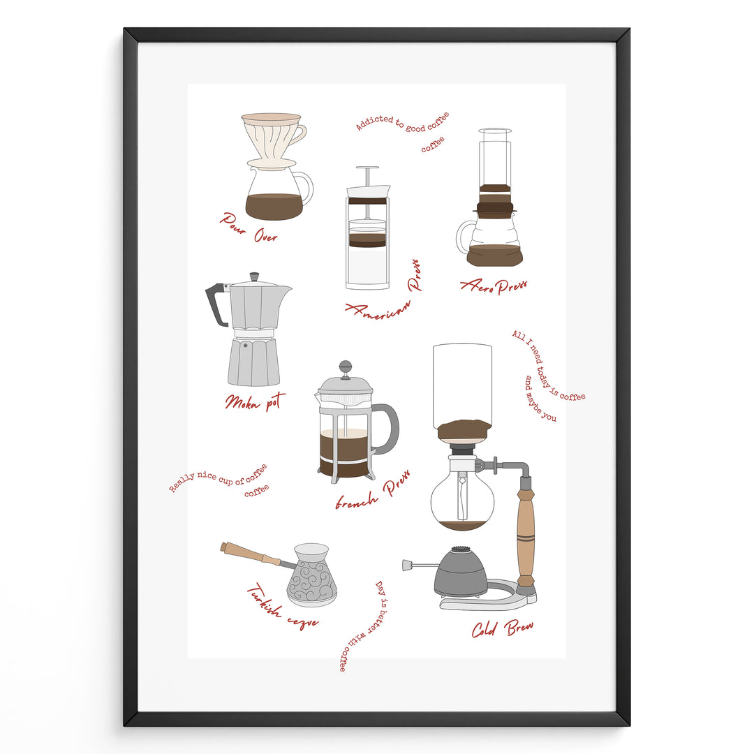 Illustrated coffee brewing methods poster showing pour-over, moka pot, French press, AeroPress, and cold brew equipment in a black frame.