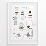 Indlæs billede til gallerivisning Illustrated coffee brewing methods poster showing pour-over, moka pot, French press, AeroPress, and cold brew equipment in a white frame.
