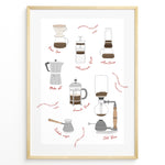 Indlæs billede til gallerivisning Illustrated coffee brewing methods poster showing pour-over, moka pot, French press, AeroPress, and cold brew equipment in a golden frame.
