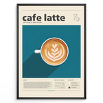 Indlæs billede til gallerivisning Cafe latte art print plakat showing a top-view coffee cup with latte foam art on a blue background framed in black.
