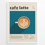 Indlæs billede til gallerivisning Cafe latte art print plakat showing a top-view coffee cup with latte foam art on a blue background framed in black.

