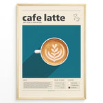 Indlæs billede til gallerivisning Cafe latte art print plakat showing a top-view coffee cup with latte foam art on a blue background framed in black.
